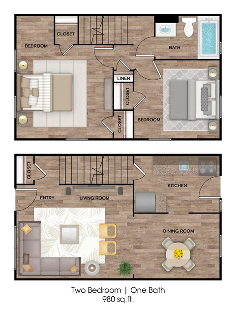 Floor plan for 2 beds, 1 bath, 980 sqft